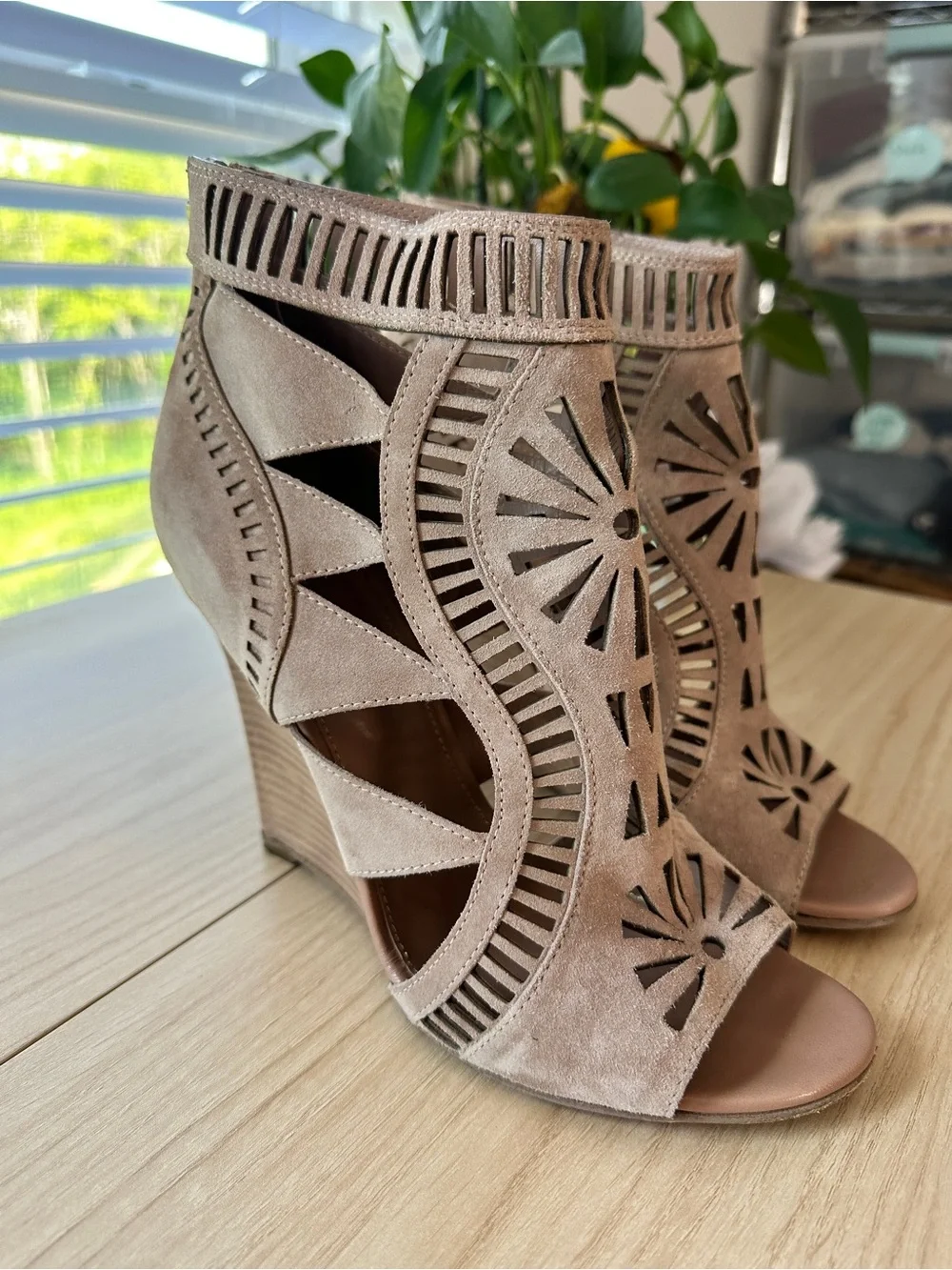 Sergio Rossi Blush Laser-Cut Peep-Toe Wedge Sandals